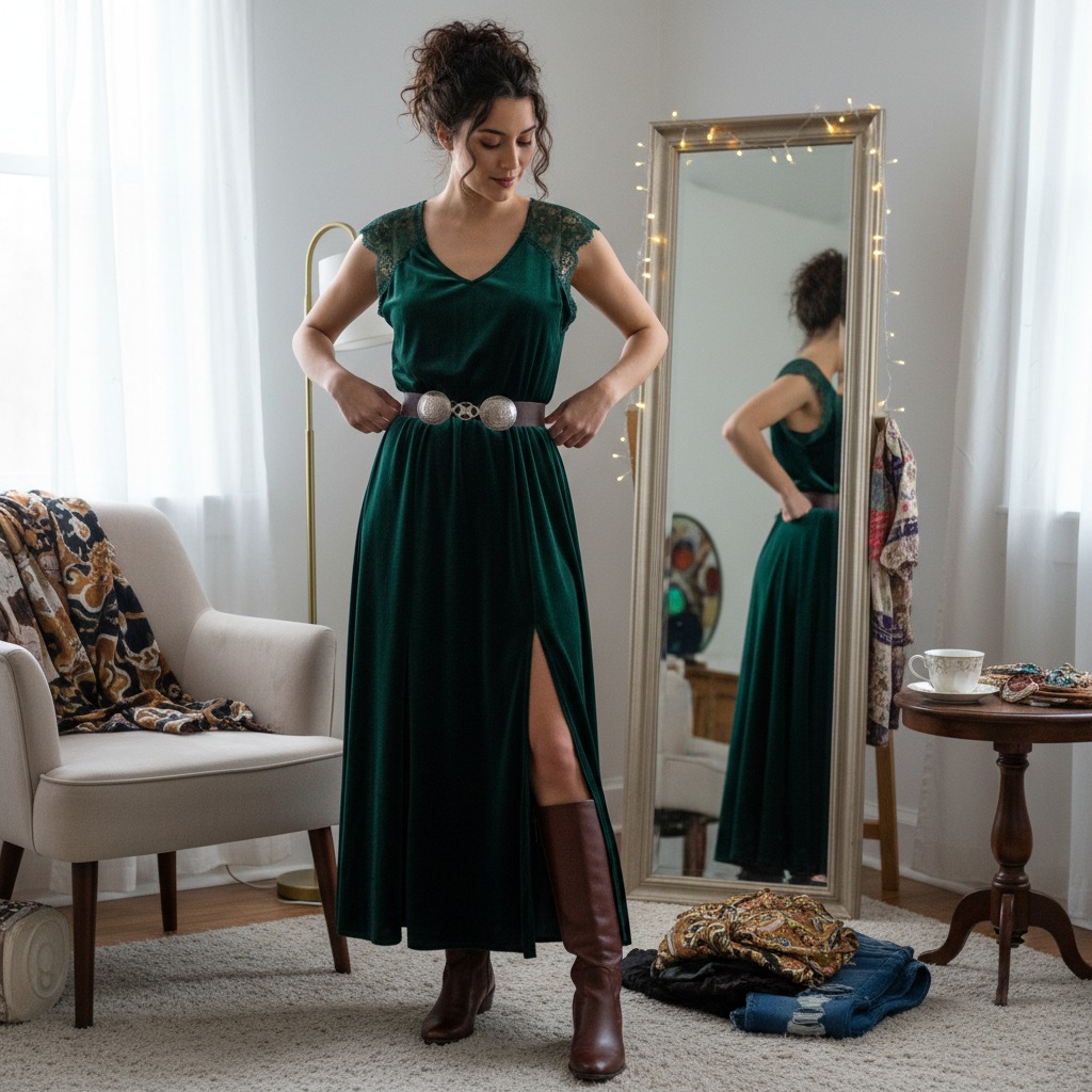 Una donna indossa un abito lungo in velluto verde con dettagli in pizzo e una cintura con fibbia decorativa davanti a uno specchio in una stanza luminosa.